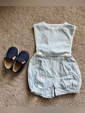 Blue Stripe bubble Romper - and shoes